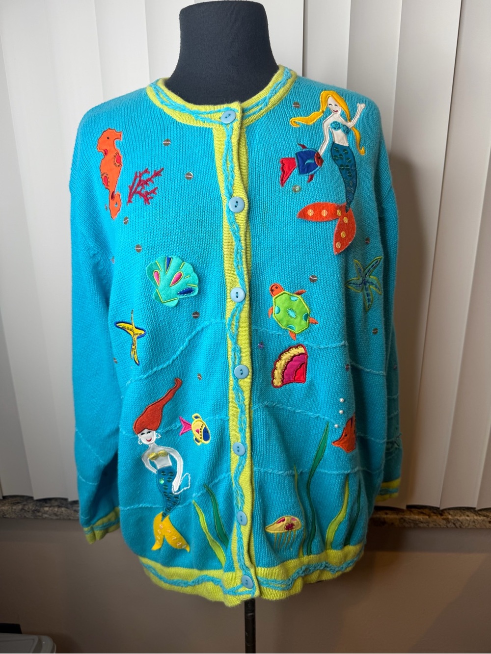 Quacker Factory Turquoise Mermaid Sea Embroidered Knit Cardigan Size 1X